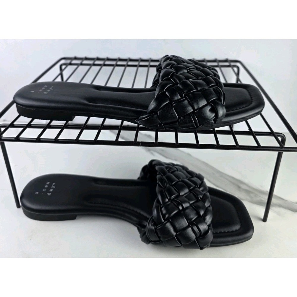 A New Day Slide Sandals Womens 10 Black Braided Woven Square Toe Flat Slip On - Picture 4 of 8